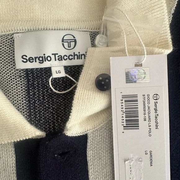 Sergio Tacchini Navy Blue and White Striped Sweater
